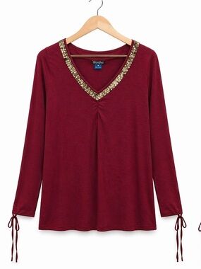 Embellished V-Neck Burgundy/Maroon Red Long Sleeve Top Size M